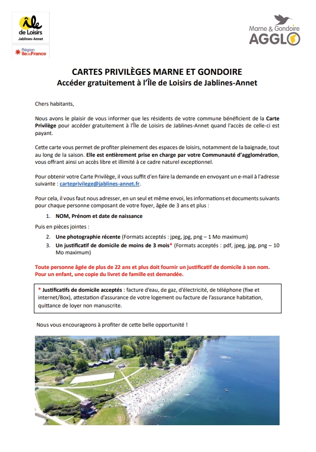 Ile de Loisirs Jablines Annet – Cartes Privilèges 2025